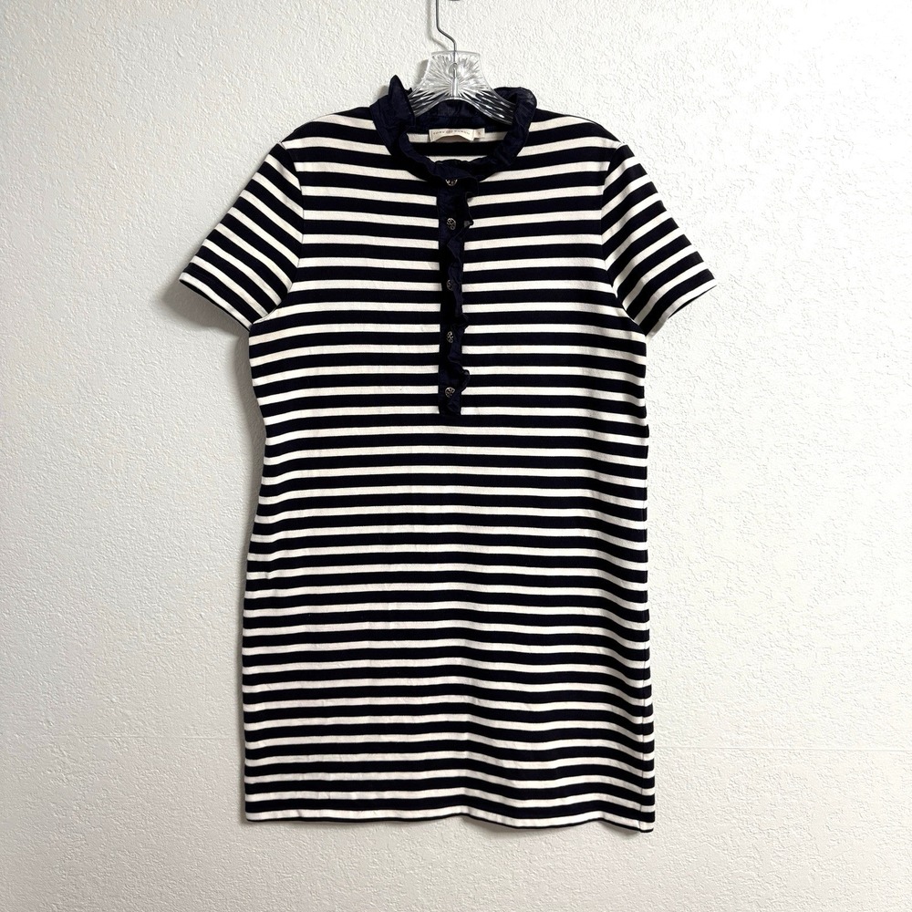 Tory Burch Dress Womens Large Navy White Stripe Ruffle Neck Preppy